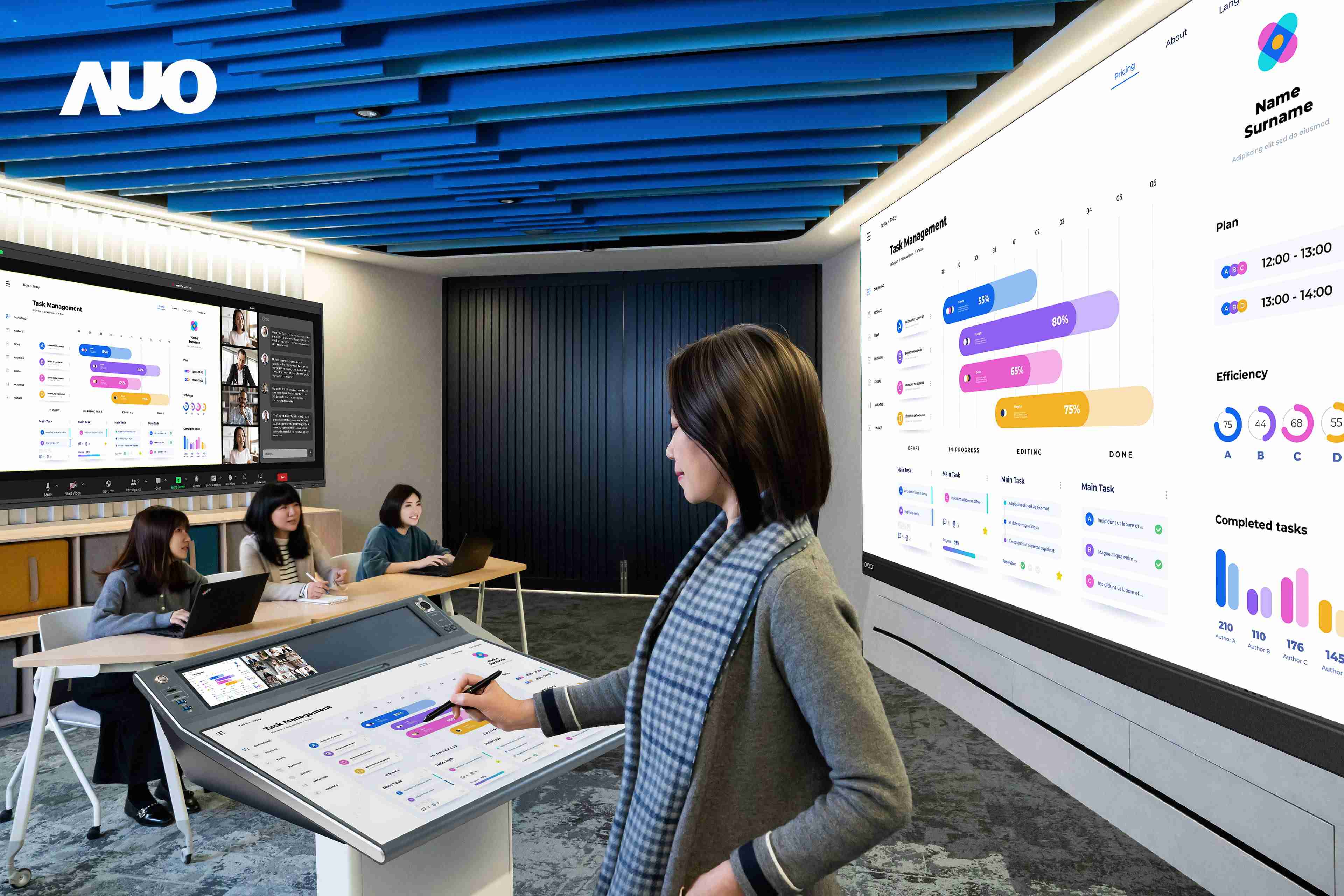 达擎携手Avocor与Rise Vision展示全方位商务领域应用，，，包含采用模块化设计的138吋一体式All-in-One LED显示器及具21:9超宽比例的92吋交互式电子白板（IFPD），，讲者可轻松分享内容，，，，有效提升会议协作效率。。。。